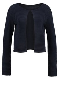 Tmavě modrý krátký kardigan s dlouhými rukávy, s žebrovanou strukturou a otevřeným předním dílem. Vyrobený z lehkého pleteného materiálu.