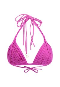 Pink bikini top with triangular cups, textured fabric, braided straps, and adjustable ties. Features a gold "G" accent.