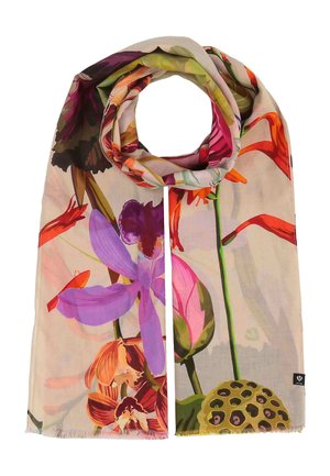 Light scarf with large colorful floral patterns including purple, orange, and green flowers, loosely rolled at the top.