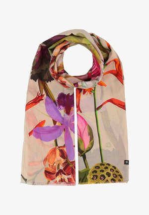 Light scarf with large colorful floral patterns including purple, orange, and green flowers, loosely rolled at the top.