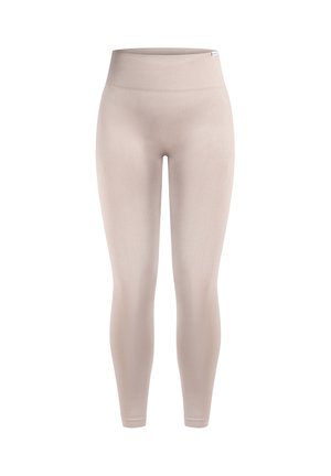 Beige leggings lavet af elastisk materiale med en høj, ribbet talje og en glat tekstur på benene. Ingen mønstre eller detaljer.