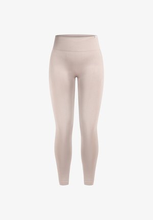 Beige Leggings aus elastischem Material mit einem hohen, gerippten Bund und einer glatten Textur entlang der Beine. Ohne Muster oder Akzente.