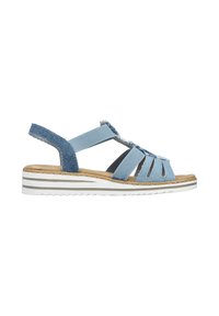 Blue denim sandals with multiple straps, open toe design, textured accents, and a white striped sole. Features a cushioned footbed.
