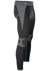 Leggings de compression noirs avec des accents gris. Présentent une texture variée, un design ergonomique et un logo bleu. Zone des genoux renforcée.