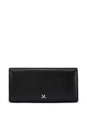 Black leather rectangular wallet with a small silver geometric logo centered on the front flap, photographed on a white background.