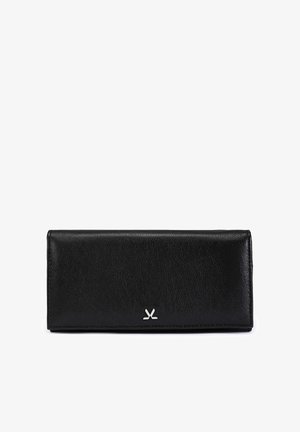 Black leather rectangular wallet with a small silver geometric logo centered on the front flap, photographed on a white background.