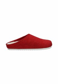 Red felt slipper with a soft white lining, closed back, and textured sole. Features a rounded toe and a simple, slip-on design.