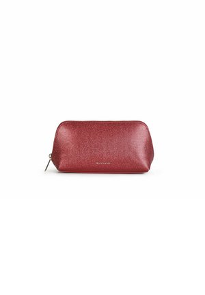 Red metallic cosmetic pouch with a rounded shape, smooth texture, and a gold zipper accent. Features "MR PRTL" branding on the side.