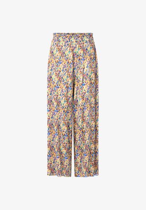 Patterned wide-leg trousers featuring a smocked waistband. Colors include yellow, purple, blue, and green in a splatter design.