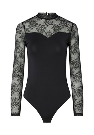 Svart langermet heldrakt med gjennomsiktig blomsterblonder på ermene og øvre del av brystet, med høy hals og knappelukking bak.