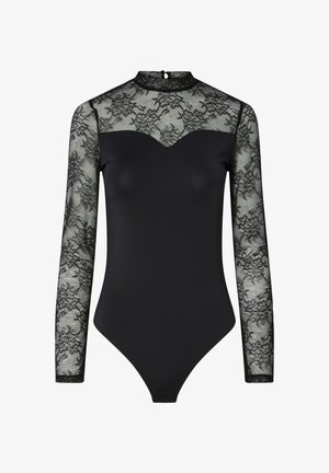 Musta pitkähihainen bodysuit, jossa läpikuultava kukkakuvioinen pitsi hihoissa ja yläosassa, korkealla kaula-aukolla ja napitus takana.