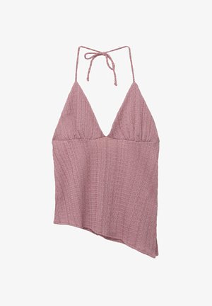 Harmaan vaaleanpunainen, teksturoitu hihaton toppi, jossa on syvä V-päällystys ja säädettävät nauhat. Epäsymmetrinen helma tuo ainutlaatuista muotoa.