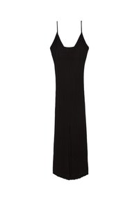 Schwarzes geripptes Kleid mit dünnen verstellbaren Trägern, einer taillierten Silhouette und einem Schlitz vorne. Aus strukturiertem Stoff, glatte Oberfläche.
