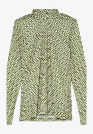 Langärmeliges Hemd aus hellgrünem Stoff mit einem geometrischen Muster aus kleinen violetten Rauten und Kreisen, mit Stehkragen und lockerem Schnitt.