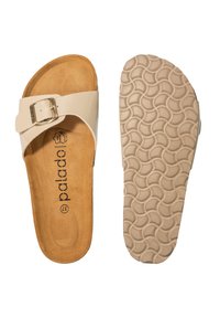 Beige slidesandal med syntetiskt rem och justerbart spänne. Korkinsole för komfort; texturerad gummiyttersula med mönster för grepp.