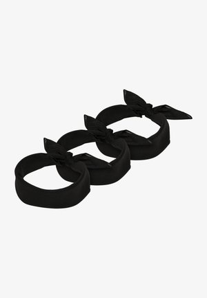 Three black fabric headbands with a smooth texture and knotted accents at the front. Each band has a soft finish and is uniform in design.