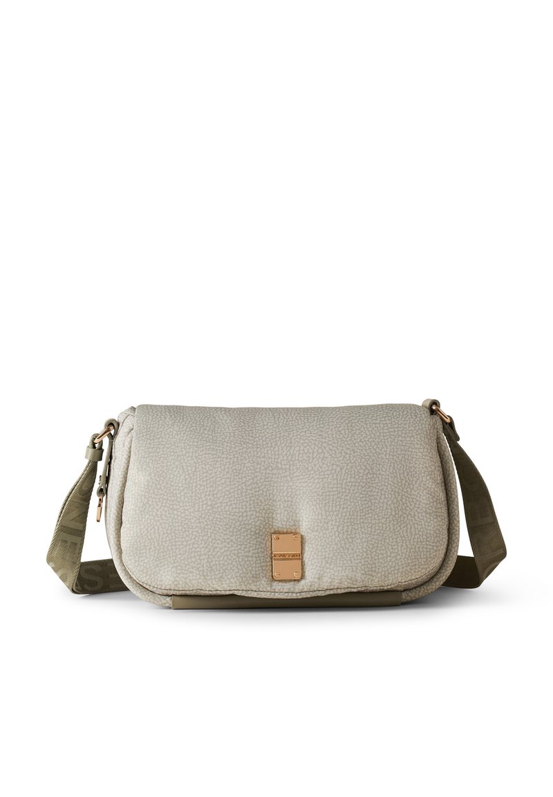 Light gray crossbody bag with textured surface, gold hardware accents, and adjustable olive-green strap. Rectangular shape, flap closure.