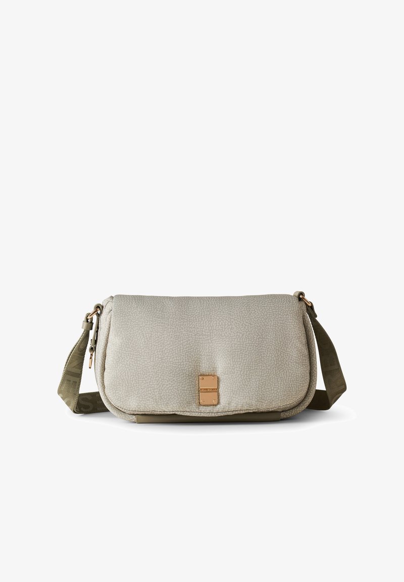 Light gray crossbody bag with textured surface, gold hardware accents, and adjustable olive-green strap. Rectangular shape, flap closure.