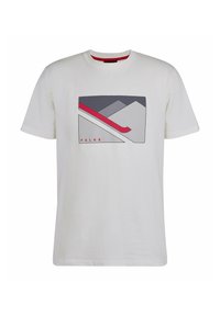 Weißes T-Shirt mit kurzen Ärmeln aus Baumwolle, das ein geometrisches Grafikdesign in Grau und Rot zeigt, mit dem Text "FALKE" am unteren Rand.