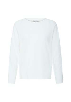 T-shirt à manches longues blanc uni avec col rond, coupe décontractée, présenté sur un fond blanc.