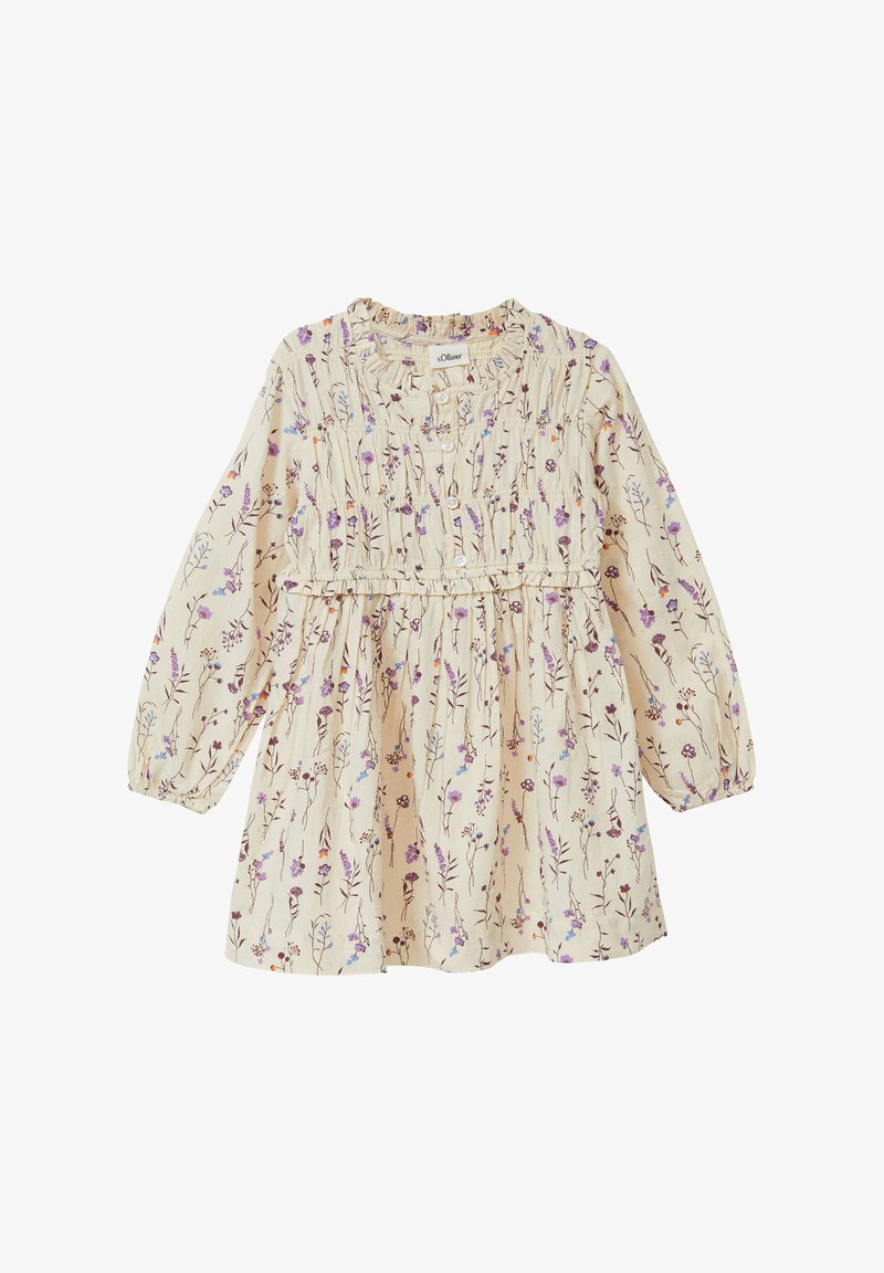 Haljina s cvjetnim uzorkom koja ima duge rukave, nabranu bustu, elastične manžete i krem pozadinu s ljubičastim i smeškim naglascima.