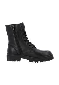 Schwarze Lederkampfstiefel mit Schnürung vorne, seitlichem Reißverschluss, robuster Gummisohle und gestepptem Detail im Obermaterial.