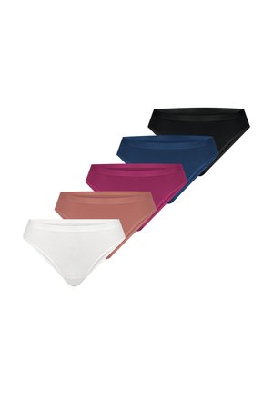 Five seamless bikini-cut underwear in black, navy, burgundy, brown, and white, arranged in a diagonal row on a white background.