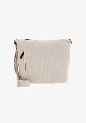 Sac bandoulière en velours côtelé beige avec une poche zippée et une bandoulière ajustable. Présente une texture à côtes verticales et un détail logo.