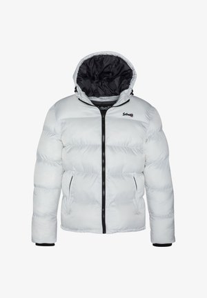 Giacca imbottita bianca con zip frontale, dotata di un interno nero, due tasche laterali e un logo di marca. Design a puff per isolamento.