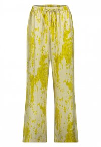 Lichtgele wijde broek met een gemonteerd, abstract geel patroon. Voorzien van een elastische tailleband met een trekkoord voor een verstelbare pasvorm.
