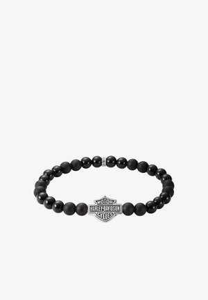 Schwarzes Perlenarmband mit abwechselnd matten und glänzenden Perlen mit einem zentralen silbernen Harley-Davidson Logo-Anhänger.