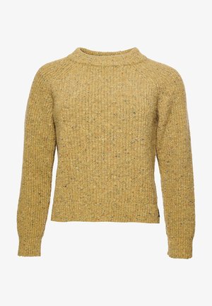 Pull jaune moutarde en grosse maille avec manches longues et encolure ronde côtelée.