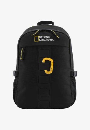 Black backpack featuring National Geographic logo, textured fabric, yellow carabiner accent, side mesh pockets, and adjustable straps.