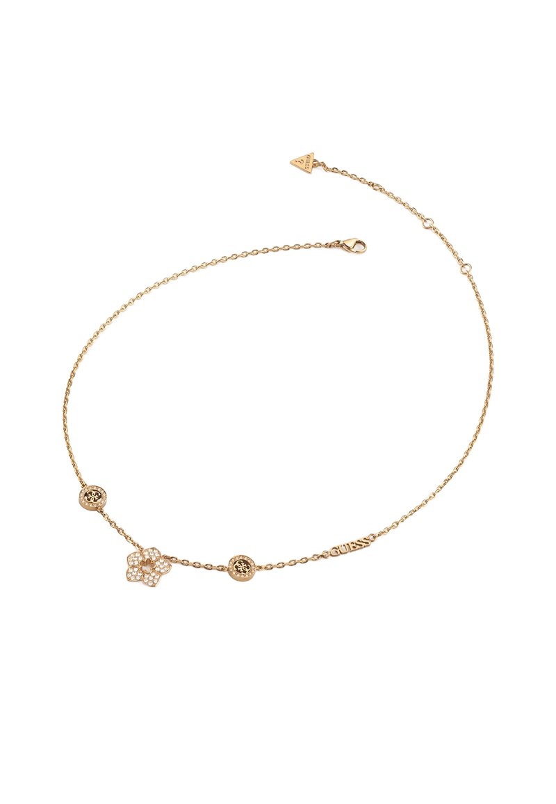 Collana a catena color oro con tre charm: un design floreale e due accentuazioni rotonde, con un'etichetta del marchio. Chiusura con gancio regolabile.