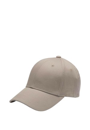 Beige baseball cap with a curved visor, made of textured fabric, featuring six ventilation holes and embroidered accents on the front.