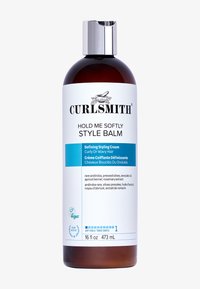 Bouteille de baume de style Hold Me Softly de CURLSMITH, ambre avec étiquette blanche, capuchon argenté, pour cheveux bouclés ou ondulés, 16 fl oz, végan, crème coiffante à maintien léger.