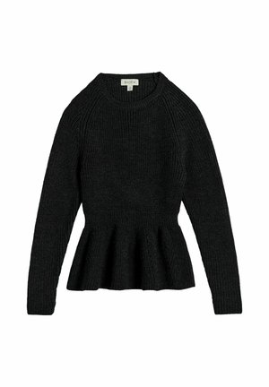 Sort strikket langærmet sweater med en figursyet talje og udvidet kant, rund halsudskæring og ribbet struktur.