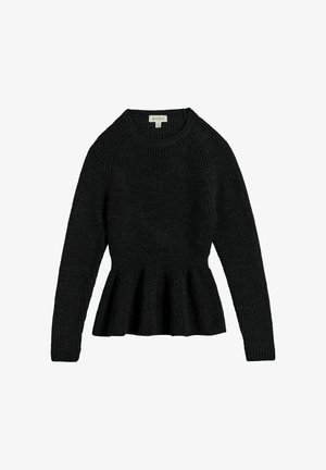 Sort strikket langærmet sweater med en figursyet talje og udvidet kant, rund halsudskæring og ribbet struktur.