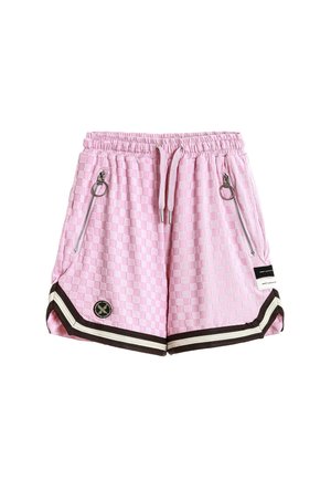 Pantalones cortos de cuadros rosas con cintura elástica, cordón, bolsillos delanteros con cremallera y tiradores en forma de anilla, y ribete a rayas negras y blancas en el dobladillo.