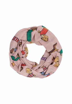 Helle rosa Schärpe mit einem Hundemuster in verschiedenen Farben. Das Material wirkt weich und leicht, mit einem kreisförmigen Unendlichkeit-Design.
