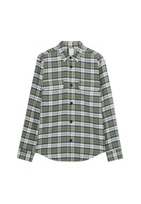 Camicia a maniche lunghe con bottoni realizzata in tessuto intrecciato, caratterizzata da un motivo a quadri verde e blu navy, due tasche sul petto e un orlo arrotondato.