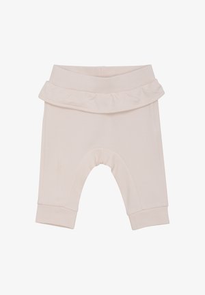 Lyserøde babyshorts lavet af blødt stof, med en flæse i taljen, opfoldede kanter og en afslappet pasform med et åbent ben-design.