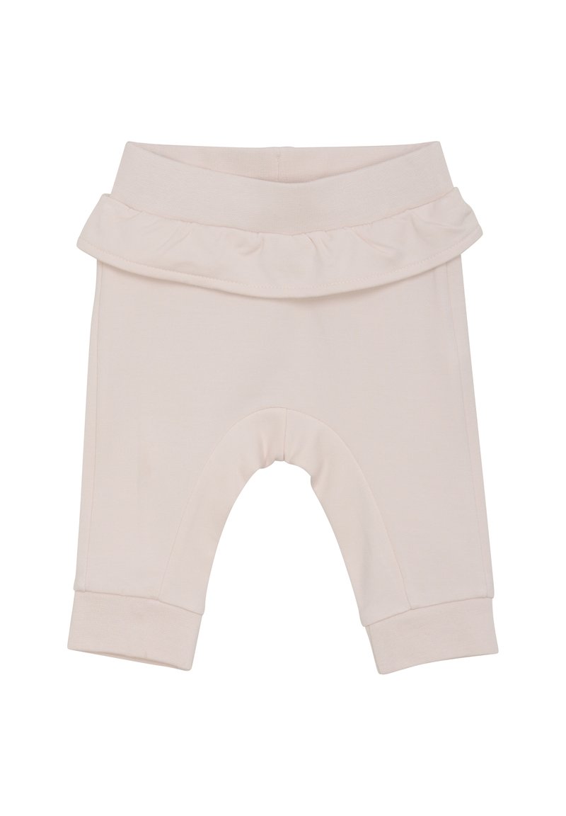 Zartrosa Kleinkindshorts aus weichem Stoff, mit einem rüschengesäumten Bund, umgeschlagenen Säumen und einem lockeren Schnitt mit offenem Bein.