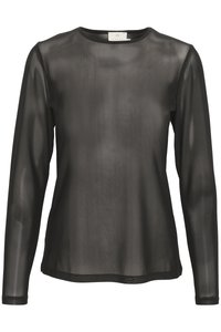 Haut noir à manches longues en tissu transparent avec une texture côtelée, doté d'un col rond et de poignets et ourlet noirs unis.
