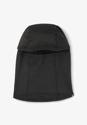 Czarna balaklava z tkaniny z pojedynczym poziomym otworem na oczy i widocznymi szwami na białym tle.