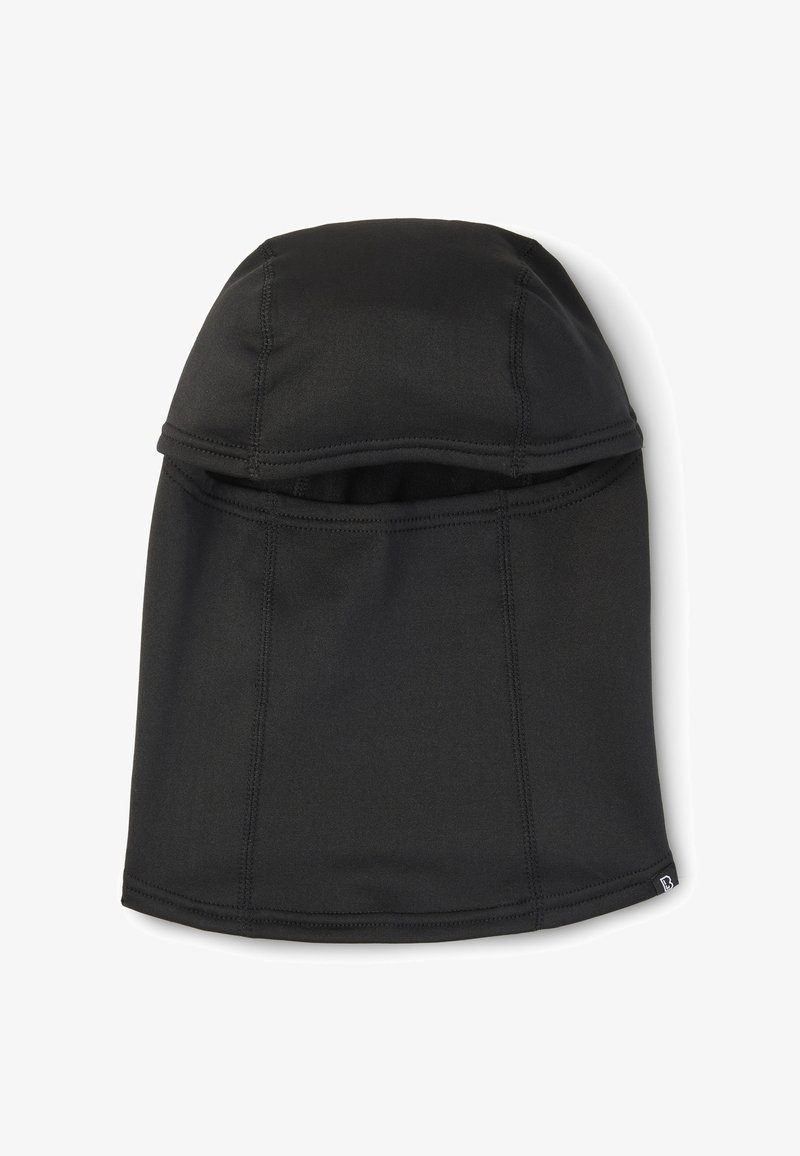 Cagoule en tissu noir avec une seule ouverture horizontale pour les yeux et des coutures visibles sur fond blanc.