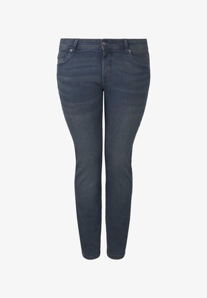 Donkerblauwe skinny jeans van denim, met een klassiek vijf-pocket ontwerp, ritszoom en subtiele vervaging op de benen.