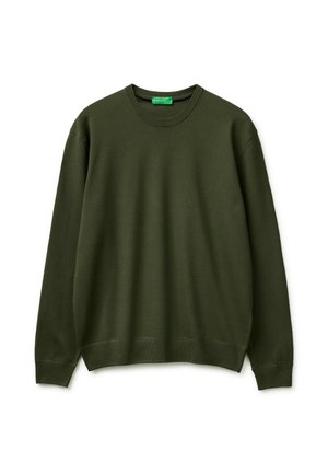 Maglione verde scuro a maniche lunghe con scollo rotondo, con collo, polsini e orlo a coste, disteso su sfondo bianco.