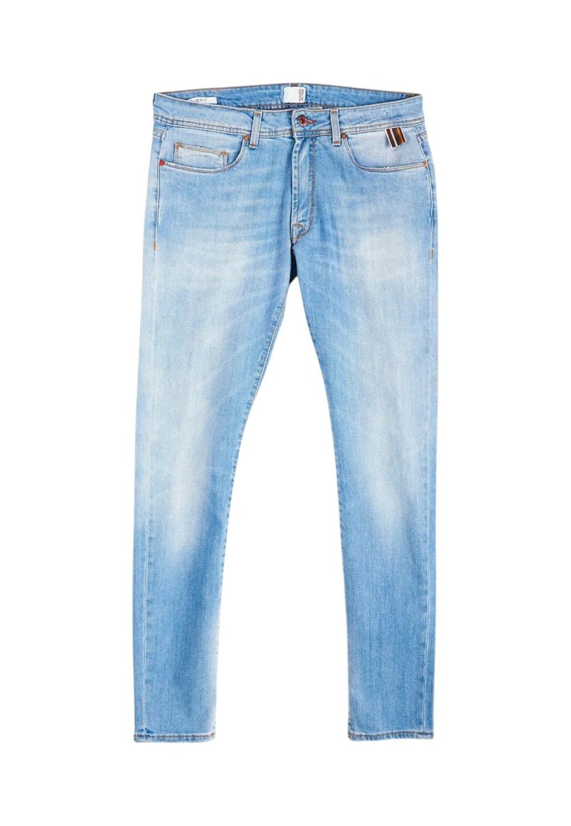Jeans in denim azzurro chiaro con vestibilità slim, design a cinque tasche e una leggera texture sbiadita. Presentano un bottone per la chiusura e cuciture di contrasto.