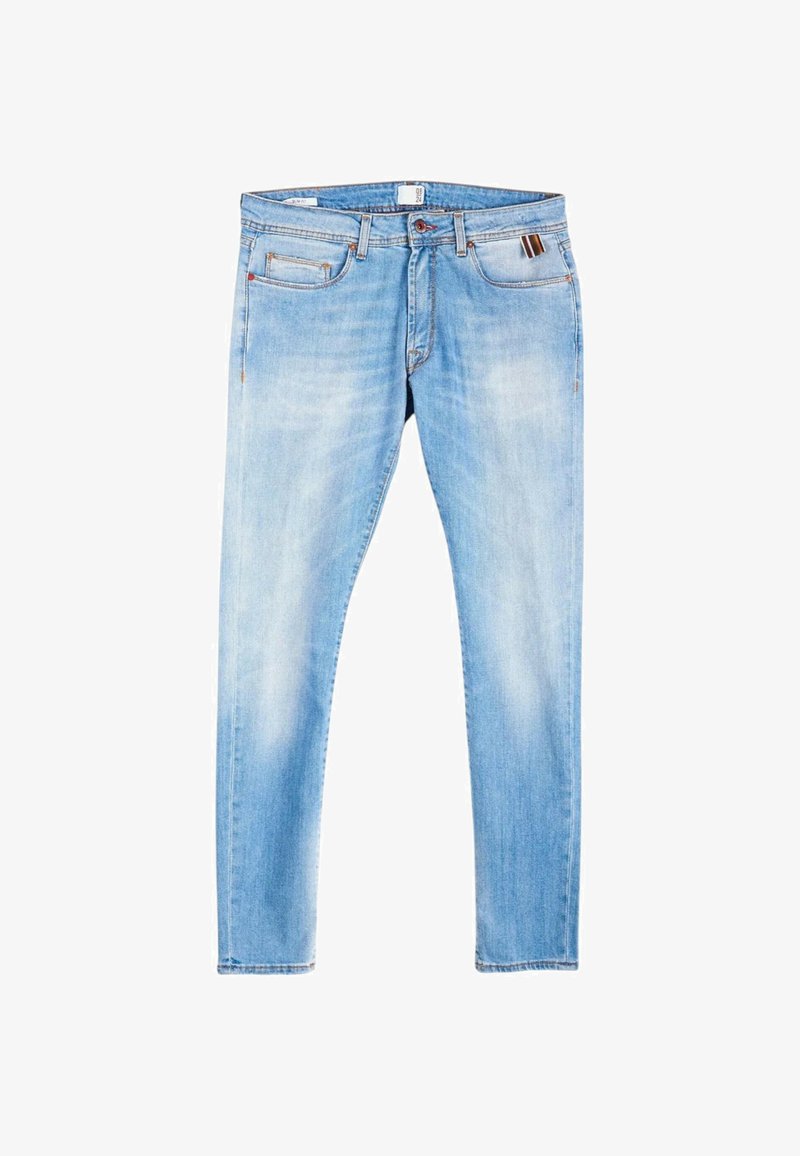 Jeans in denim azzurro chiaro con vestibilità slim, design a cinque tasche e una leggera texture sbiadita. Presentano un bottone per la chiusura e cuciture di contrasto.